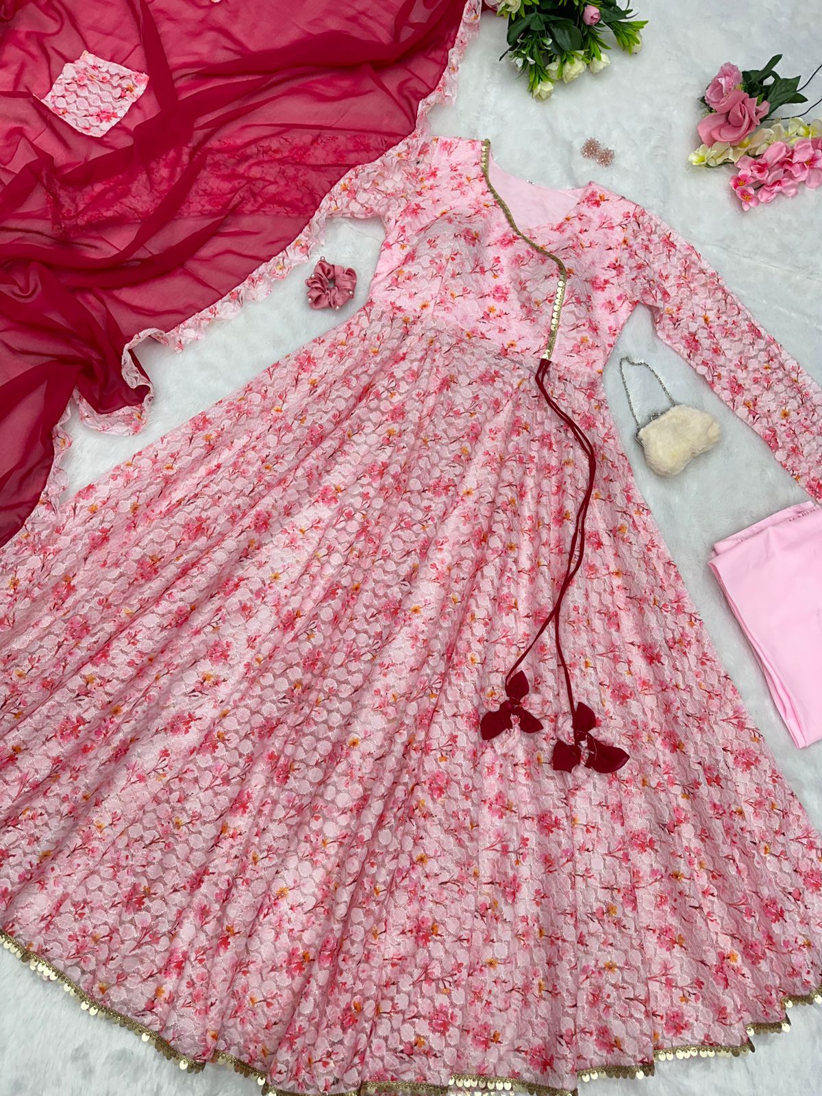 Multi Color Design With Light Pink Color Wonderful Anarkali Gown