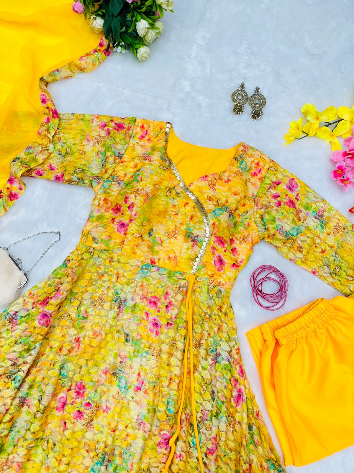 Multi Color Design With Yellow Color Wonderful Anarkali Gown