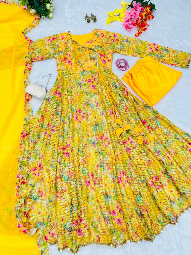 Multi Color Design With Yellow Color Wonderful Anarkali Gown
