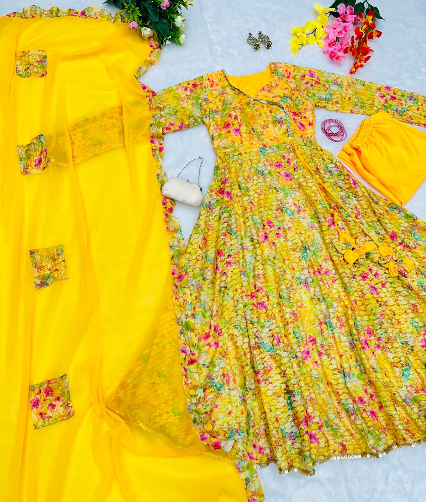 Multi Color Design With Yellow Color Wonderful Anarkali Gown