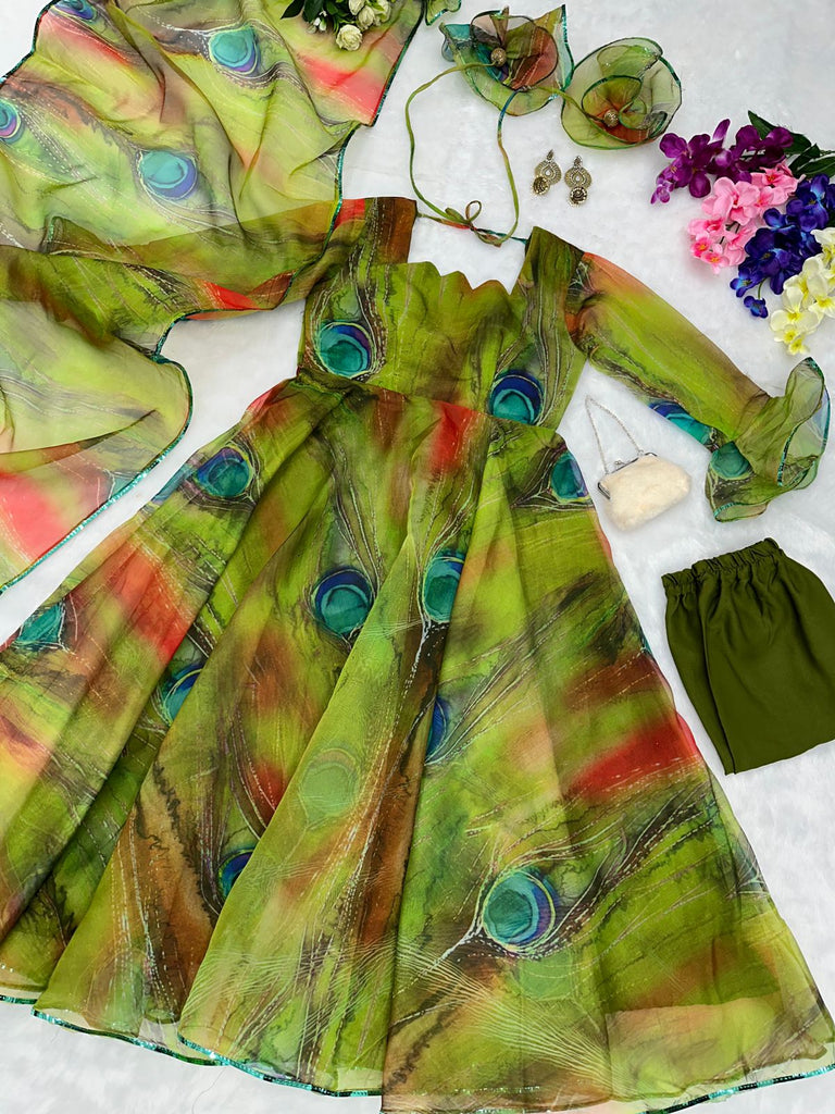 Beautiful Mehndi Color Organza Silk Anarkali Suit