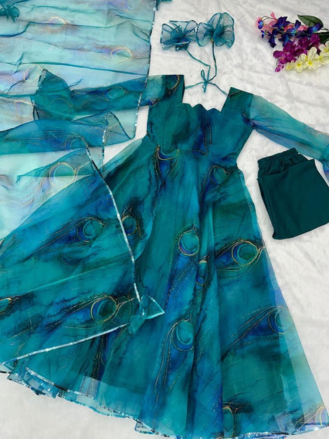 Beautiful Teal Blue Color Organza Silk Anarkali Suit Main image