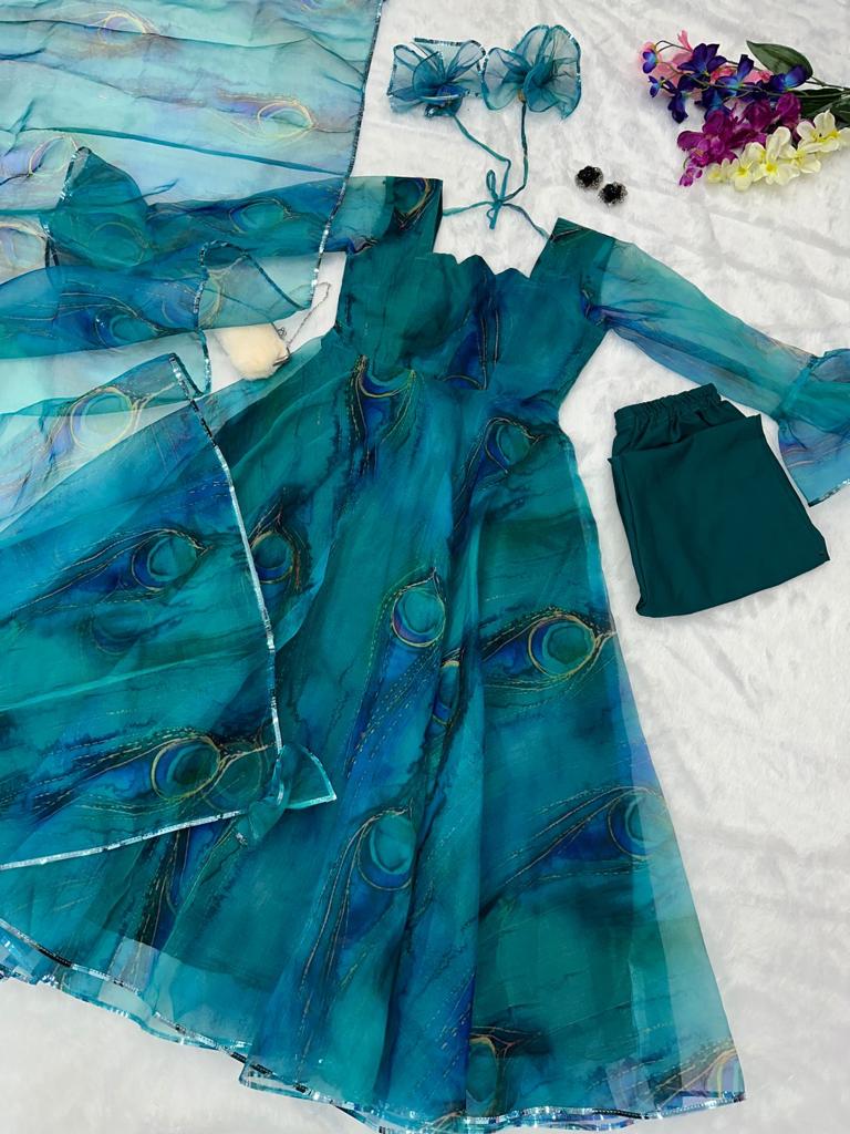 Beautiful Teal Blue Color Organza Silk Anarkali Suit