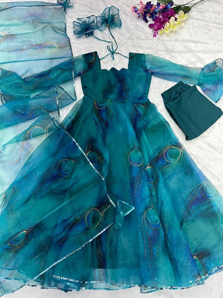 Beautiful Teal Blue Color Organza Silk Anarkali Suit