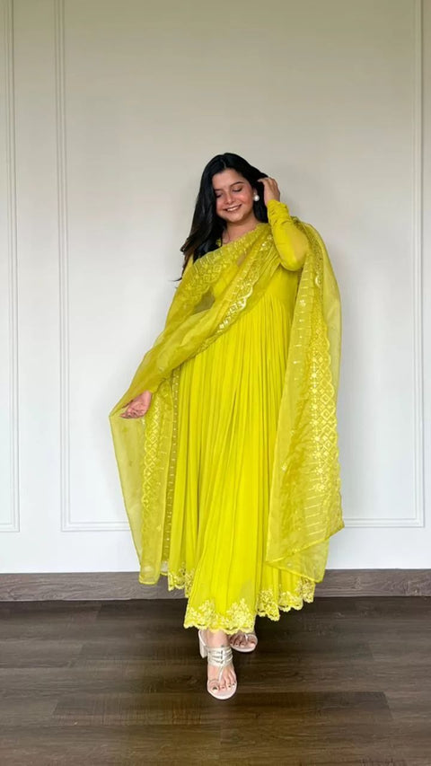 Beautiful Sequence Work Lemon Yellow Color Anarkali Gown Main image