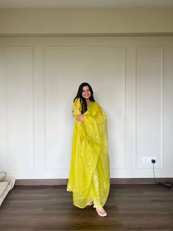 Beautiful Sequence Work Lemon Yellow Color Anarkali Gown