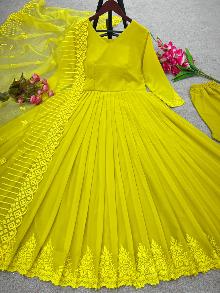 Beautiful Sequence Work Lemon Yellow Color Anarkali Gown