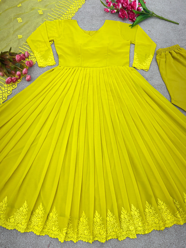 Beautiful Sequence Work Lemon Yellow Color Anarkali Gown