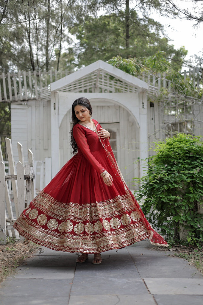 Captivating Maroon Color Gown With Ravishing Dupatta