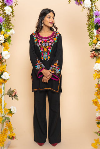 Multi Color Thread Work Black Kurti With Pant