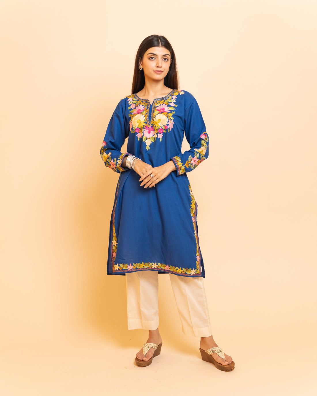 Multi Color Thread Work  Blue Kurti With White Pant Main image