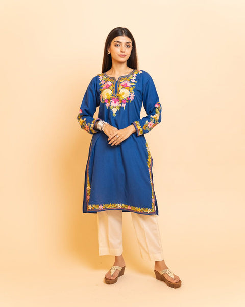 Multi Color Thread Work  Blue Kurti With White Pant Main image