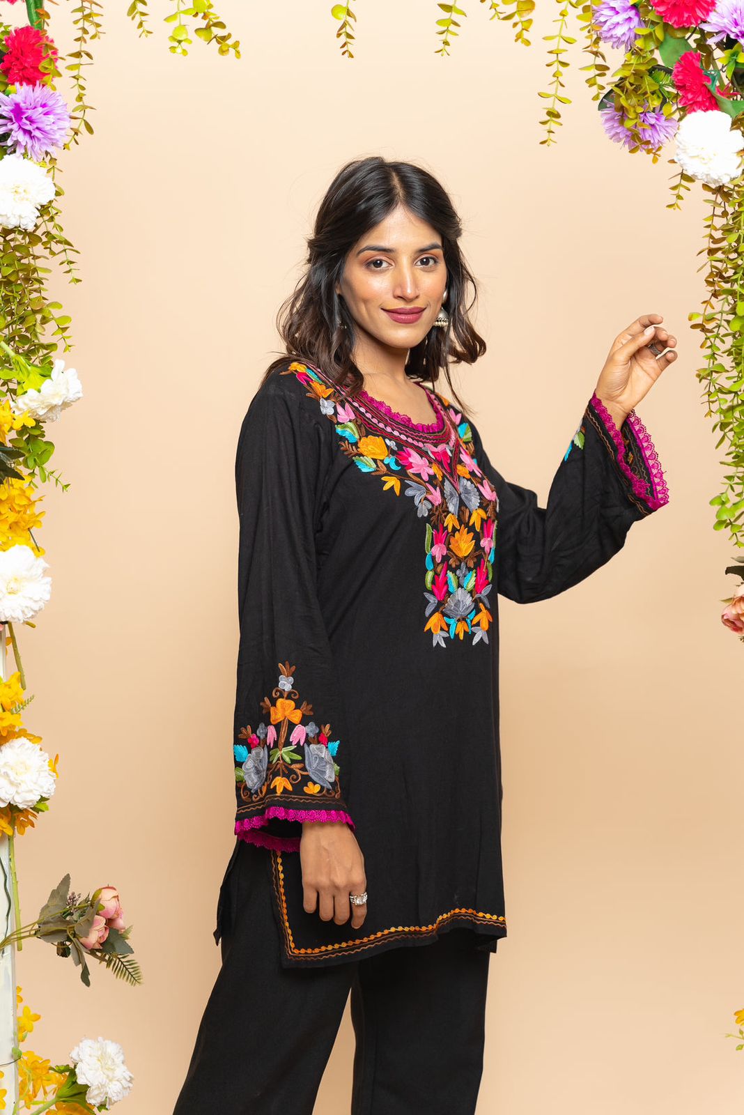 Multi Color Thread Work Black Kurti With Pant