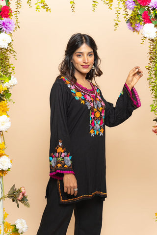 Multi Color Thread Work Black Kurti With Pant