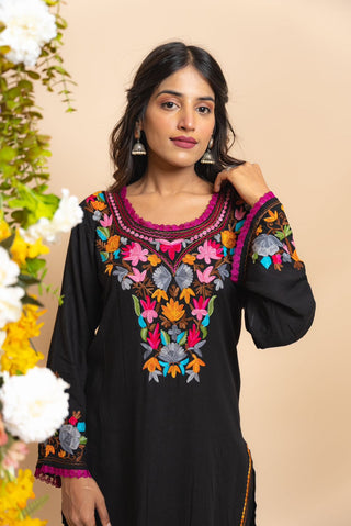 Multi Color Thread Work Black Kurti With Pant