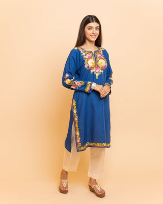 Multi Color Thread Work  Blue Kurti With White Pant