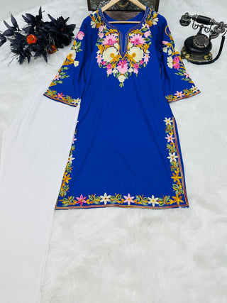 Multi Color Thread Work  Blue Kurti With White Pant