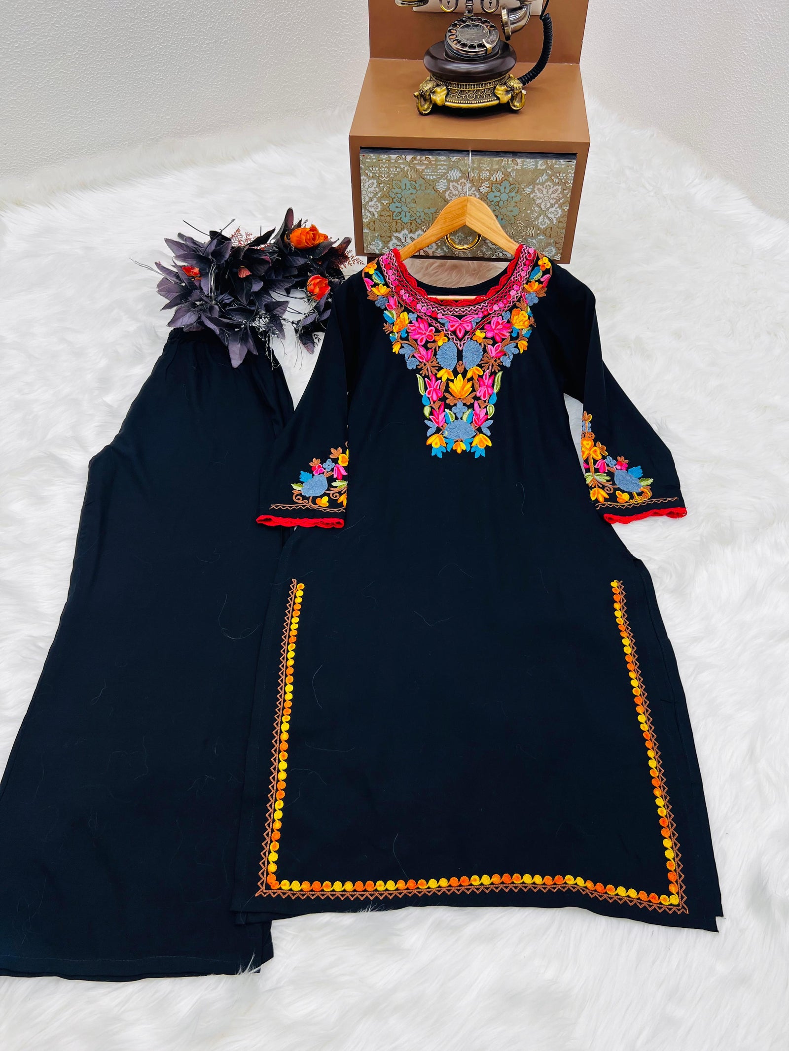 Multi Color Thread Work Black Kurti With Pant