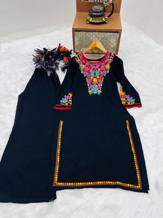 Multi Color Thread Work Black Kurti With Pant