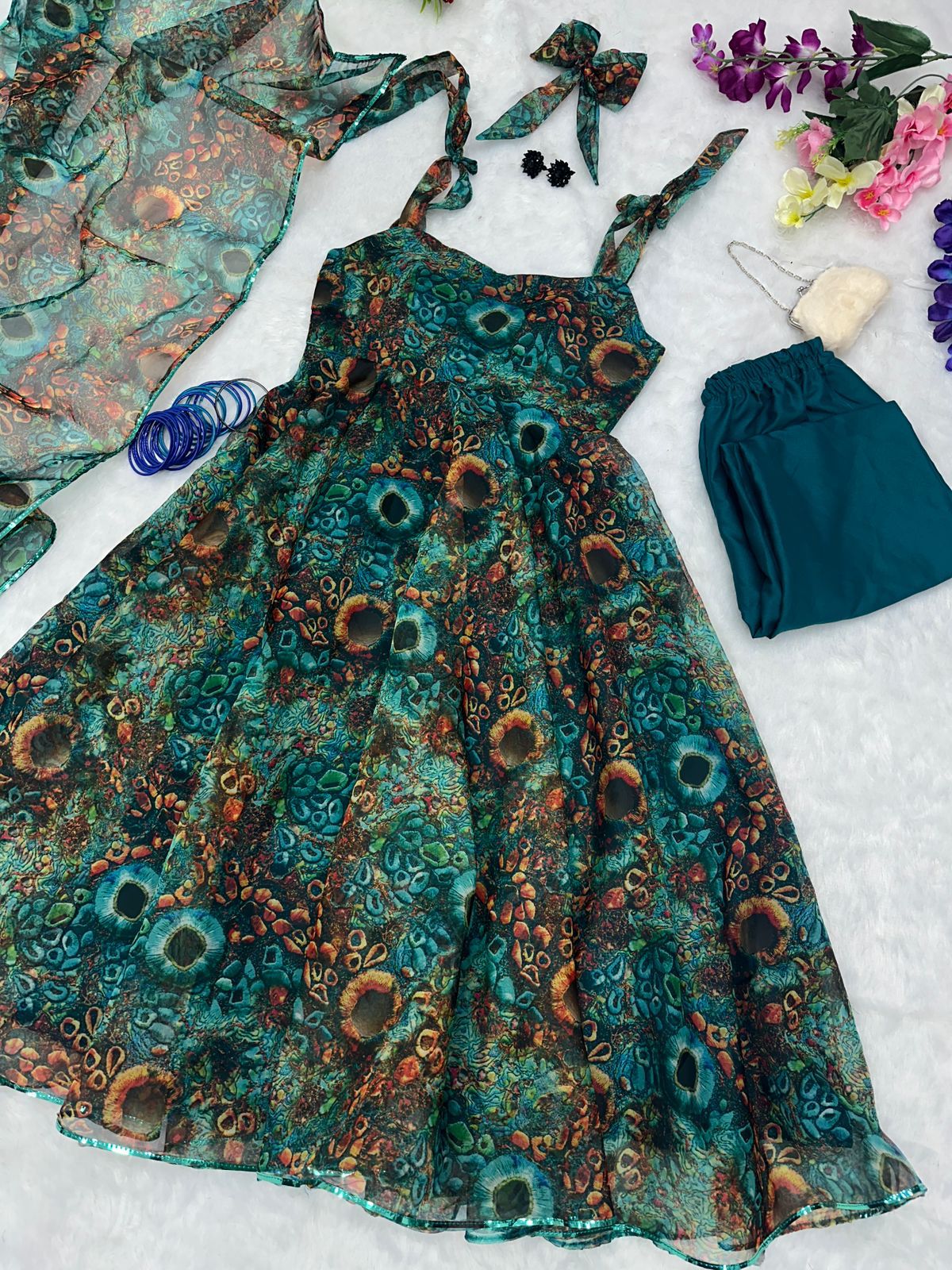 Fancy Printed Dark Green Color Organza Silk Anarkali Suit Main image