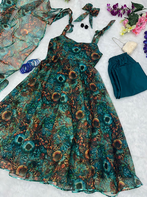 Fancy Printed Dark Green Color Organza Silk Anarkali Suit Main image