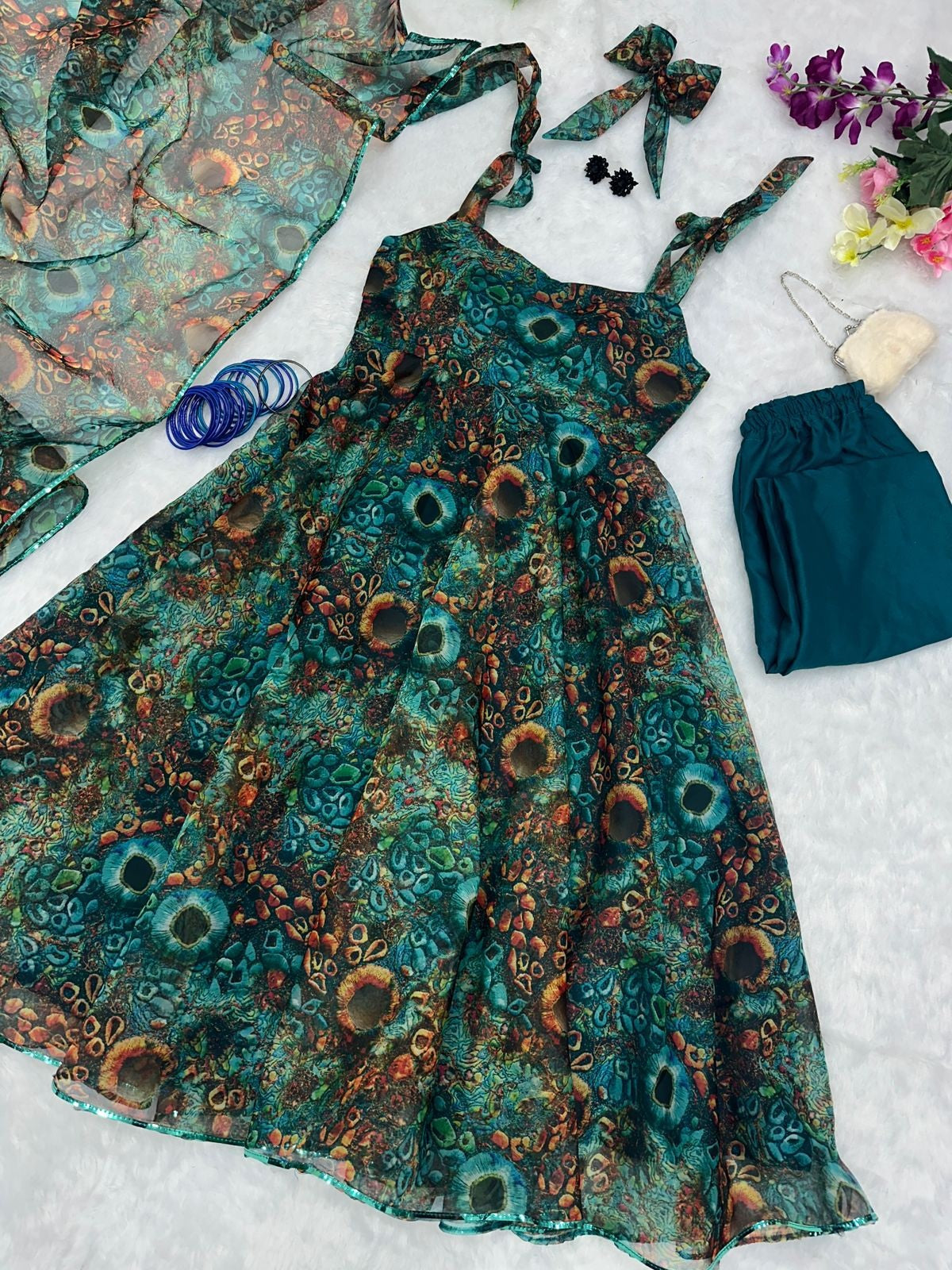 Fancy Printed Dark Green Color Organza Silk Anarkali Suit