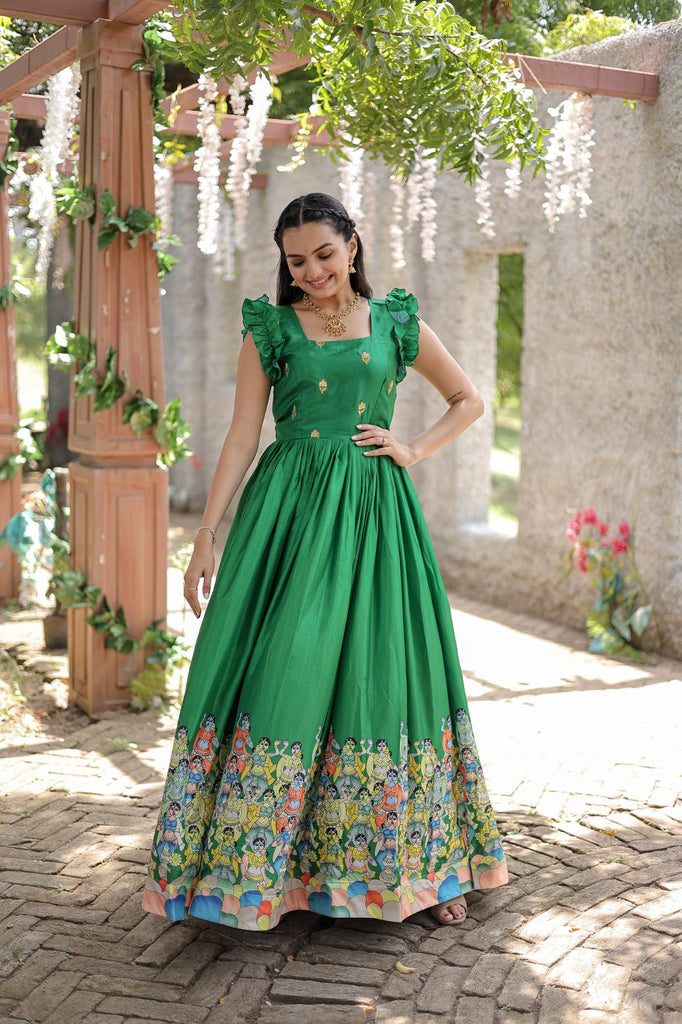 Exclusive Rich Designer Print Green Color Gown