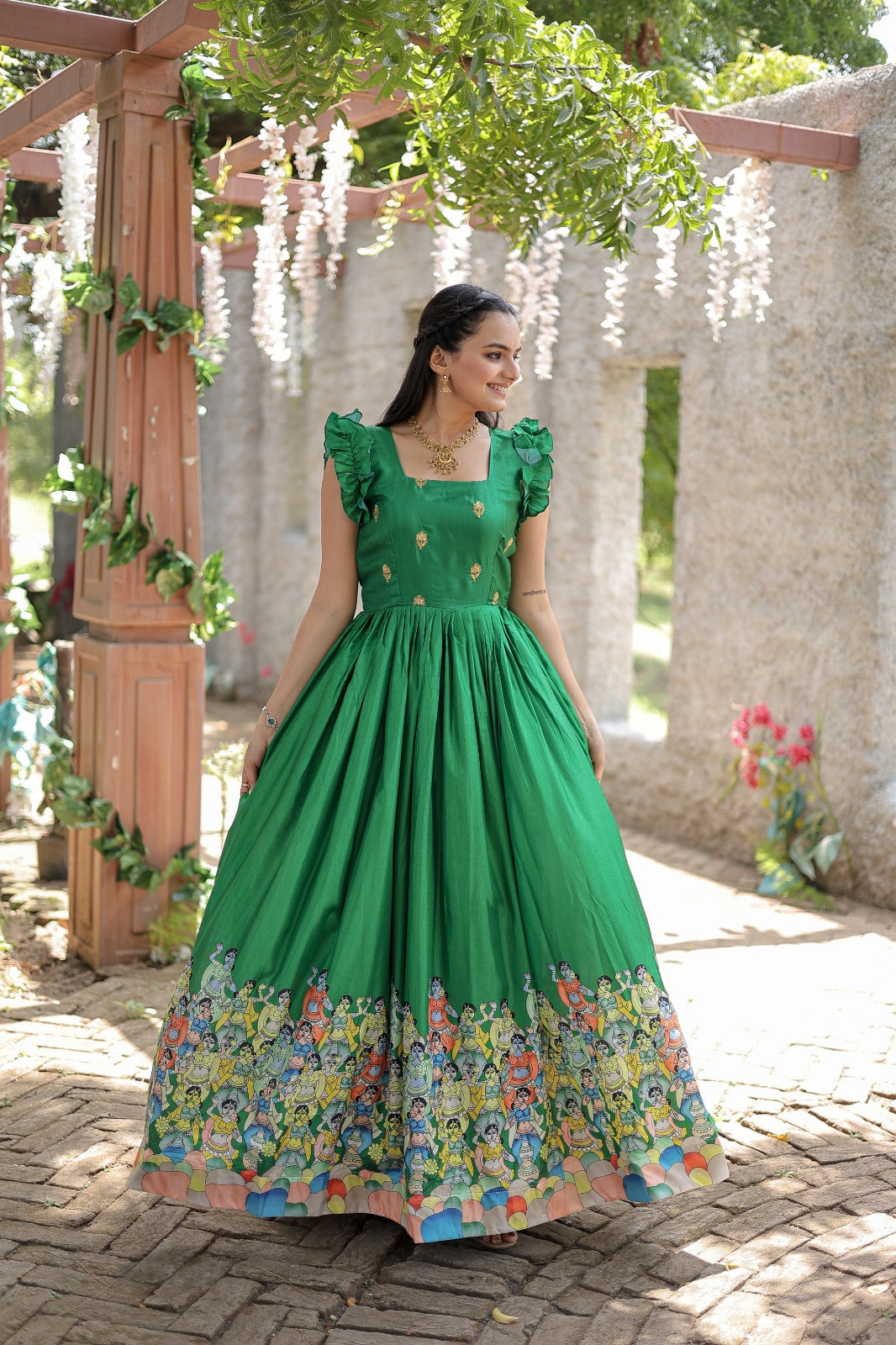 Exclusive Rich Designer Print Green Color Gown Secondary image