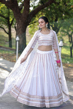 Load image into Gallery viewer, Golden Sequence Work White Color Lehenga Choli