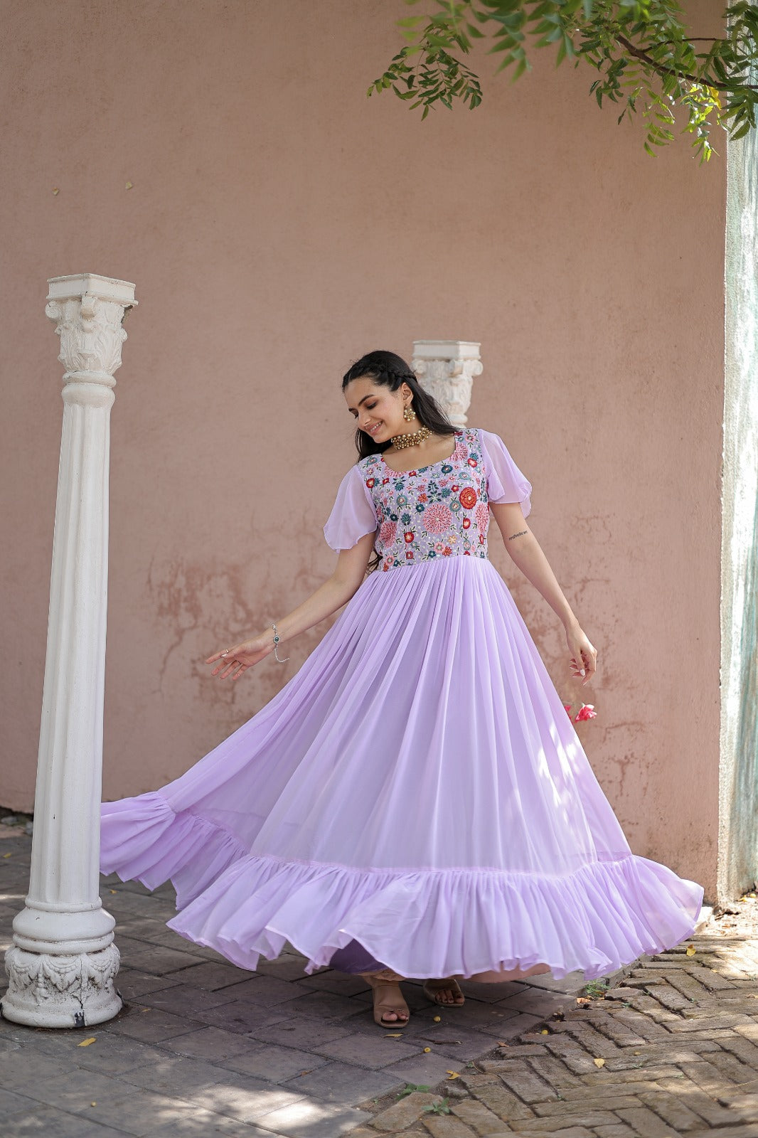 Wonderful Embroidered Work Ruffle Lavender Color Gown Clothsvilla Main image