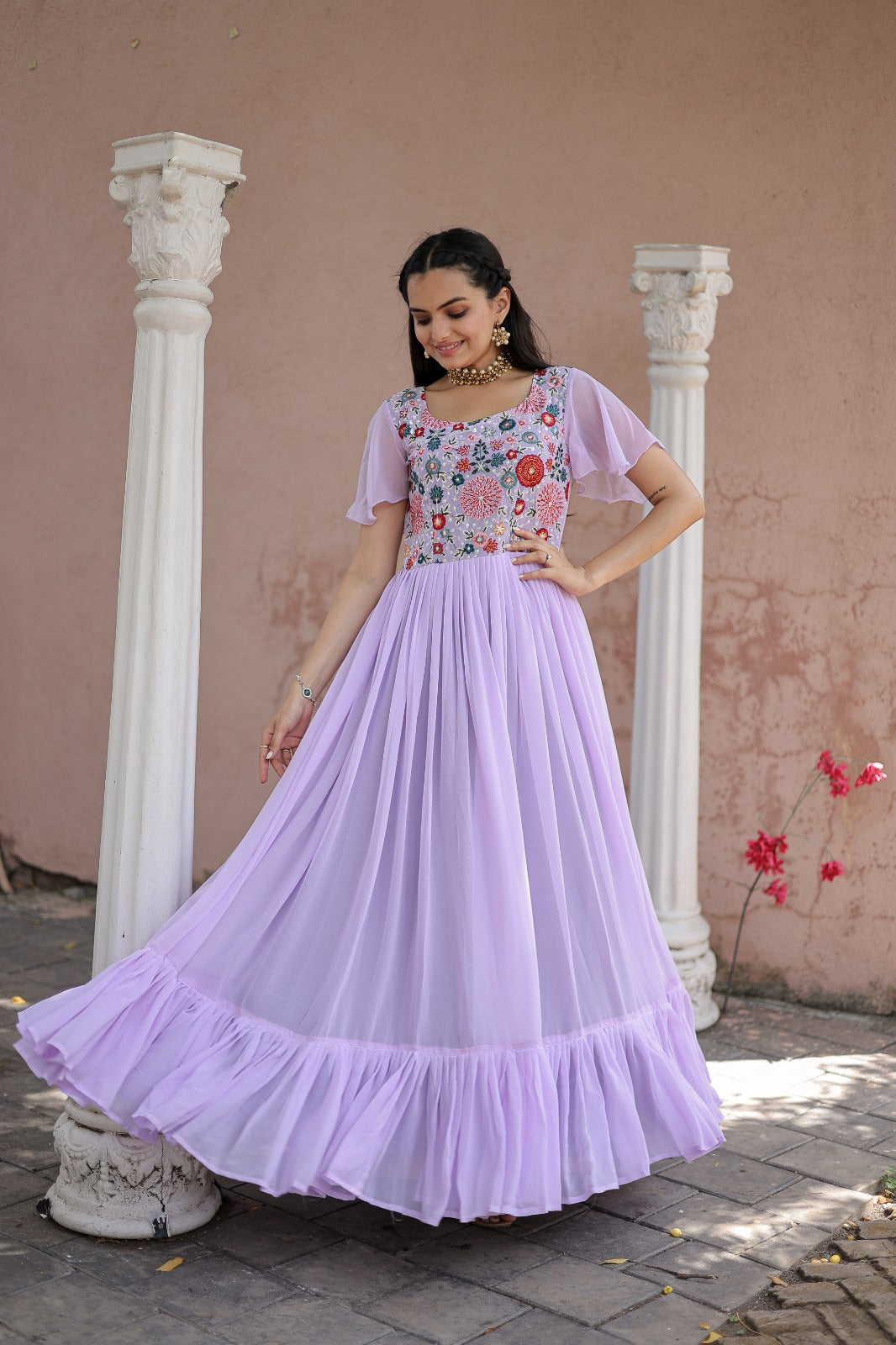 Wonderful Embroidered Work Ruffle Lavender Color Gown Clothsvilla