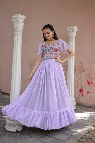 Wonderful Embroidered Work Ruffle Lavender Color Gown Clothsvilla