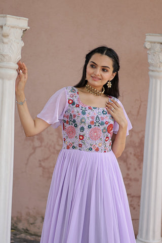 Wonderful Embroidered Work Ruffle Lavender Color Gown Clothsvilla