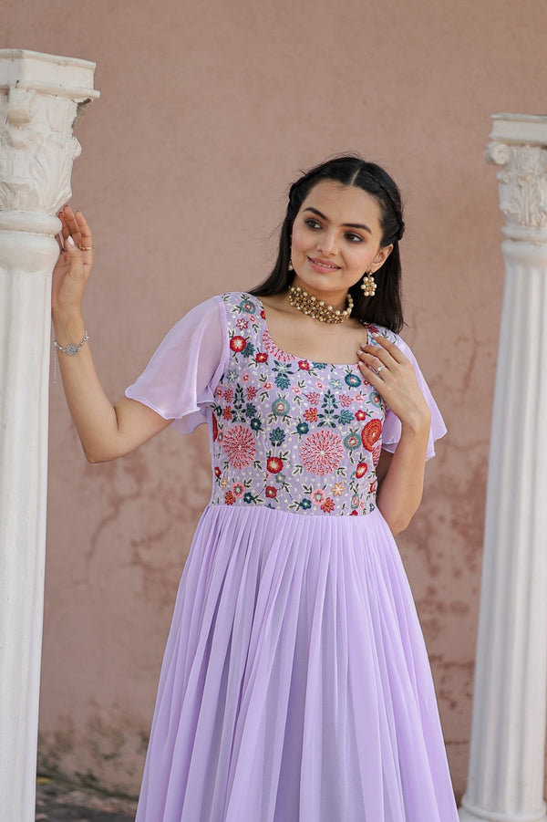 Wonderful Embroidered Work Ruffle Lavender Color Gown Clothsvilla