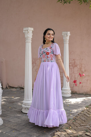 Wonderful Embroidered Work Ruffle Lavender Color Gown Clothsvilla