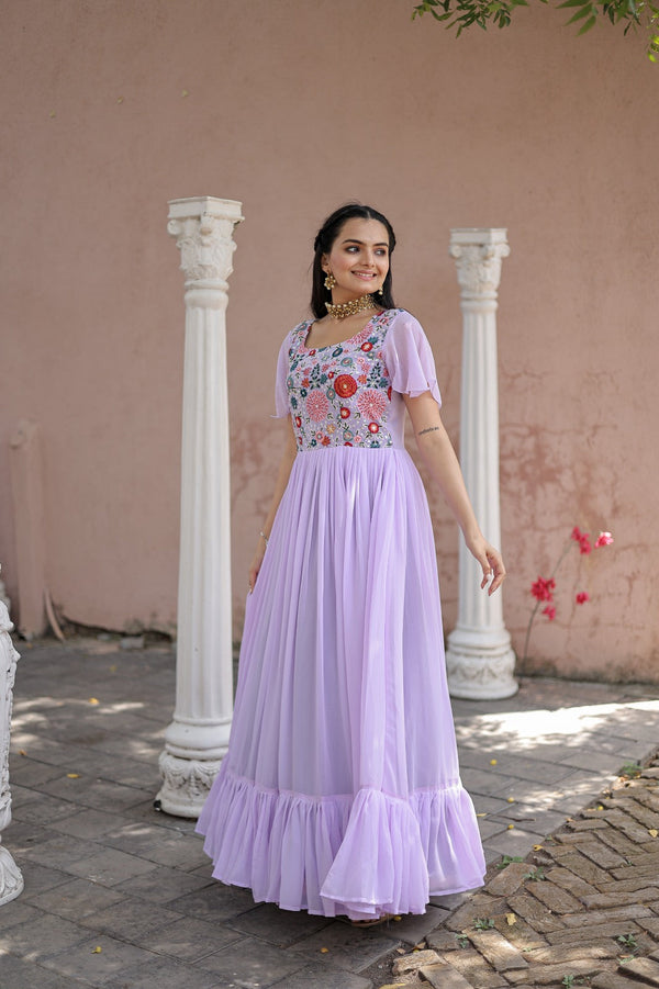 Wonderful Embroidered Work Ruffle Lavender Color Gown Clothsvilla