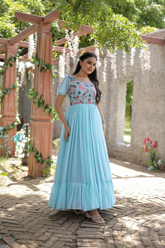 Wonderful Embroidered Work Ruffle Sky Blue Color Gown Clothsvilla