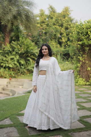 Marriage Special Embroidered Work White Color Lehenga Choli