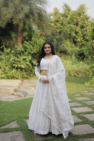 Marriage Special Embroidered Work White Color Lehenga Choli