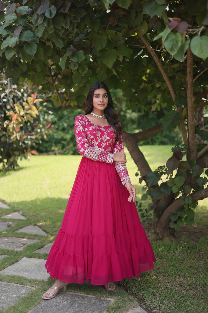 Pink Color Embroidery Work Long Gown