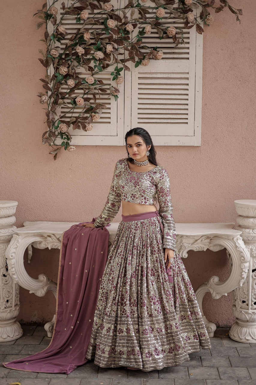 Wedding Wear Dusty Pink Sequins Embroidered Work Lehenga Choli Clothsvilla