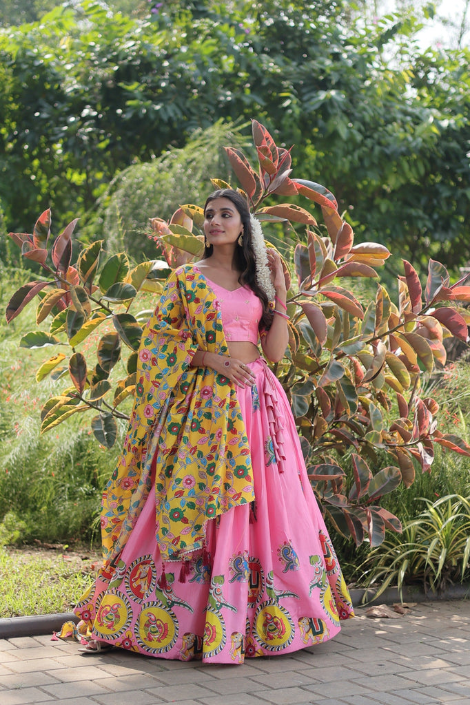 1001377 Navy Blue Silk Brocade Lehenga With Magenta Pink Silk Dupatta And  Crop Top Style Blouse