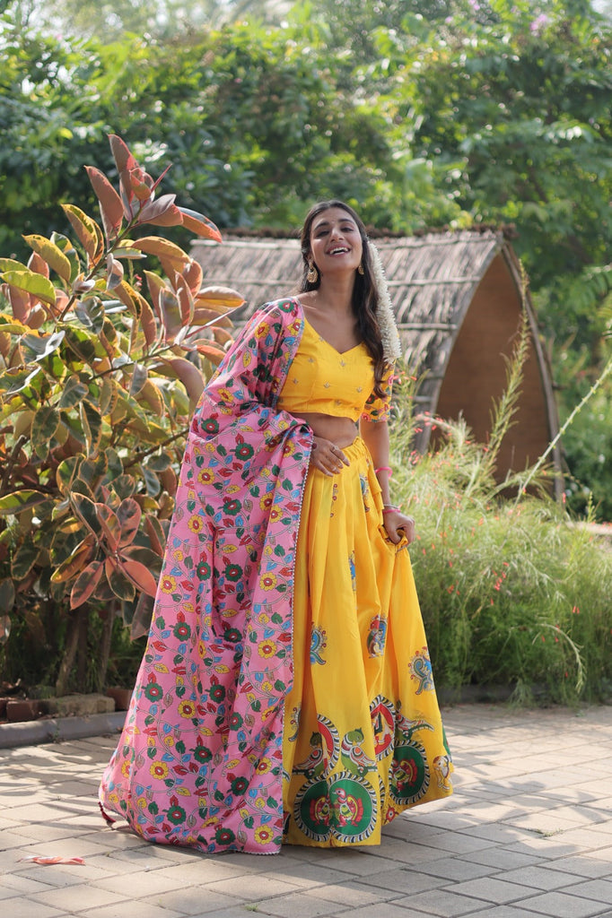 ZECVA Women's Kanjivaram Indian Traditional Silk UnStitched Lehenga Choli  With Blouse And Dupatta Half Saree Yellow Pink : Amazon.in: Fashion
