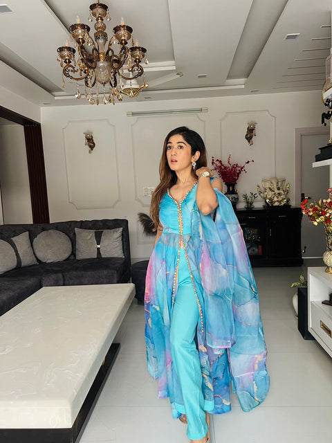 Digital Printed Sky Blue Color Organza Anarkali Suit Main image