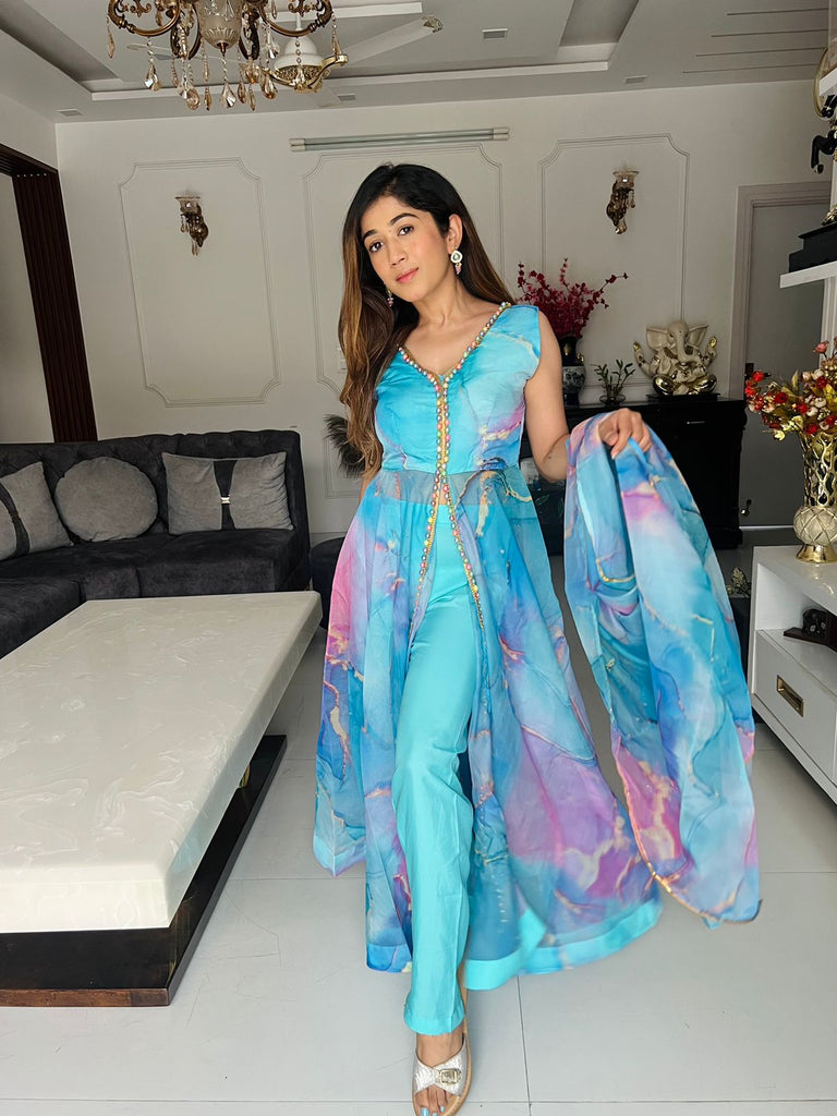 Digital Printed Sky Blue Color Organza Anarkali Suit - Cloth Digital Printed Sky Blue Color Organza Anarkali Suit - Cloth