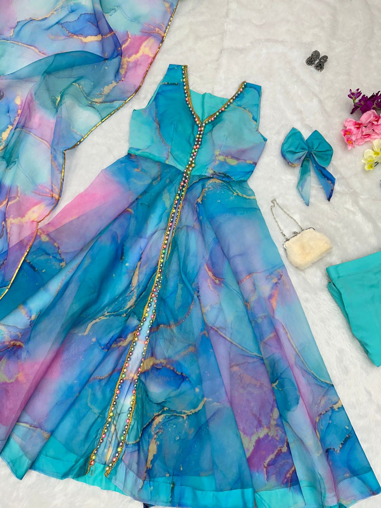 Digital Printed Sky Blue Color Organza Anarkali Suit