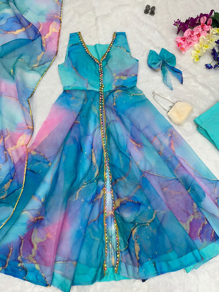 Digital Printed Sky Blue Color Organza Anarkali Suit