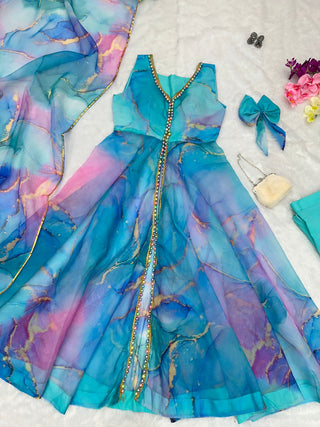 Digital Printed Sky Blue Color Organza Anarkali Suit