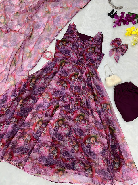 Wine Anarkali Suit Organza Silk With Digital Print Main image