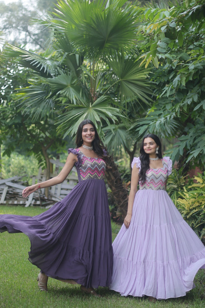 Pure Georgette Fabrics Party Wear Readymade Gown In Purple Color With  Embroidery Work - Gown